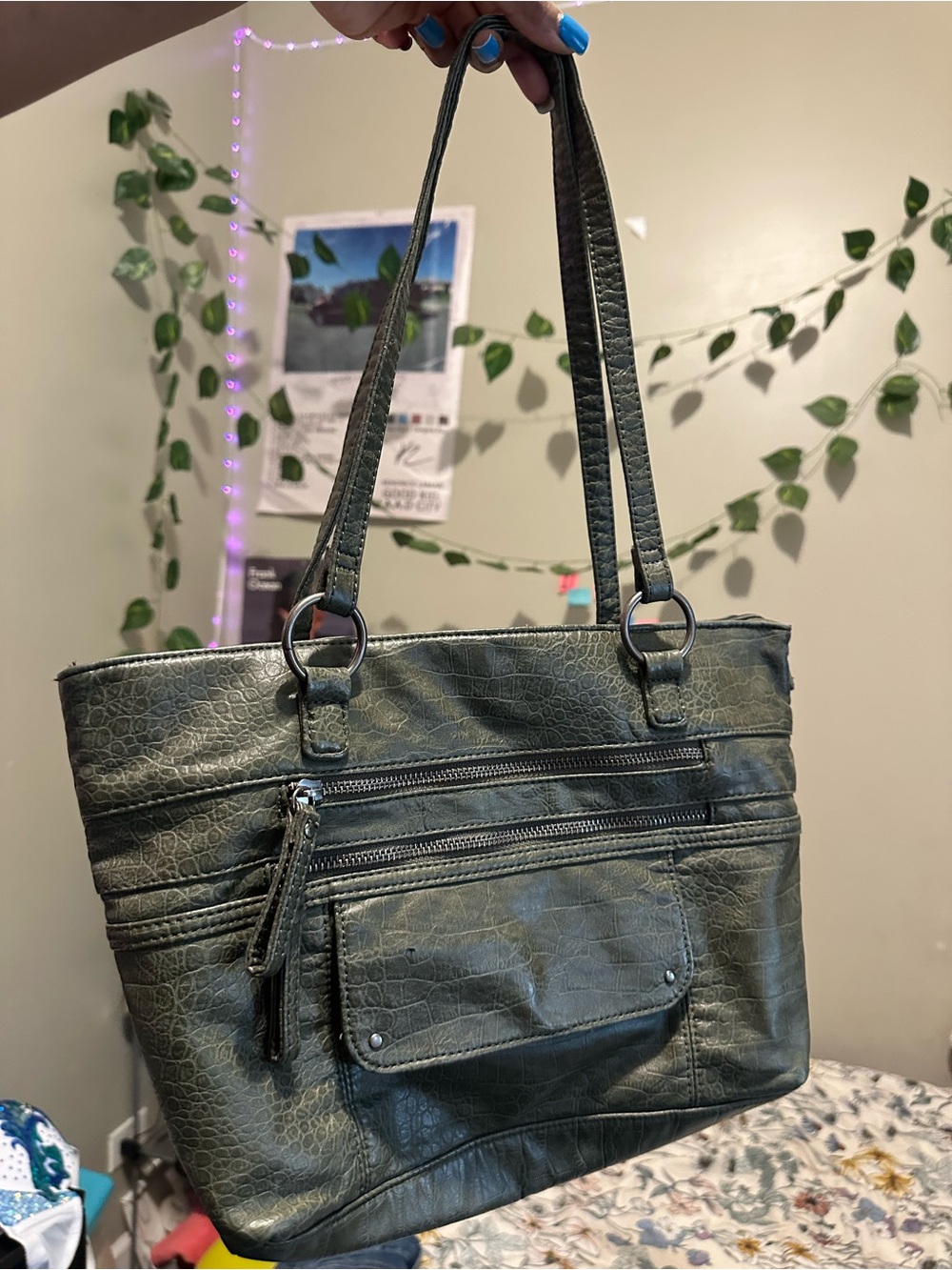 Olive Green Faux Leather Shoulder Bag with Front Zip Pockets